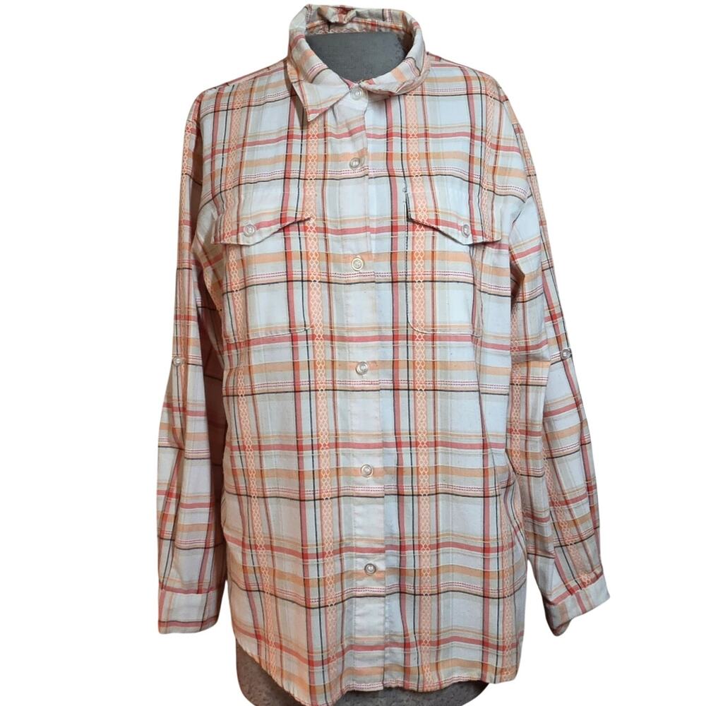 Cotton Blend Plaid Button Down with Roll Tab Sleeve Top Size 18